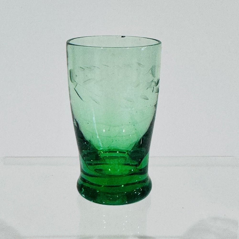 Vintage Pioneer Glass Willow Moon Schnapps‎  Shot Glass Vivid Green Etched Glass
